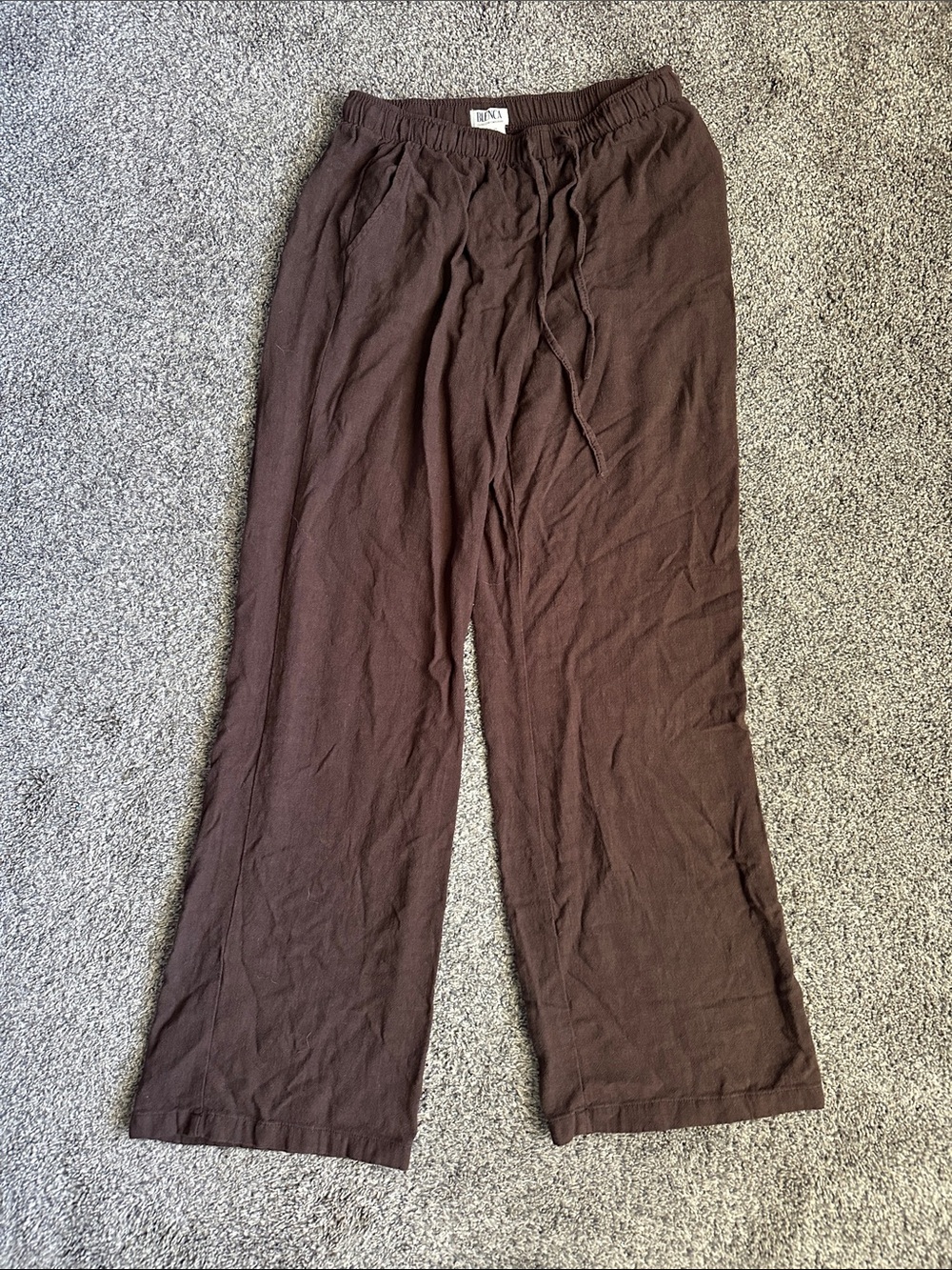 Brown Linen-Blend Drawstring Pants